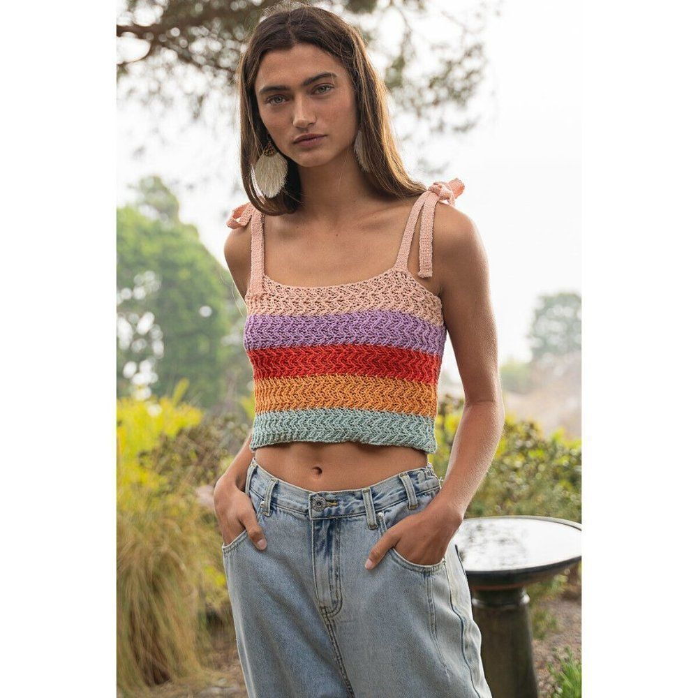 POL Clothing Tie Shoulder Sweater Crop Tank Top Rainbow Sherbet Summer YST7 - Picture 6 of 9